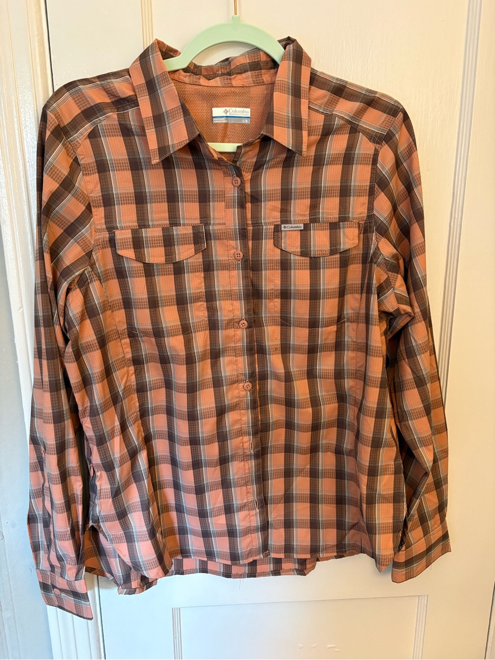 Columbia Women's Orange and Brown Plaid Button-Down Shirt